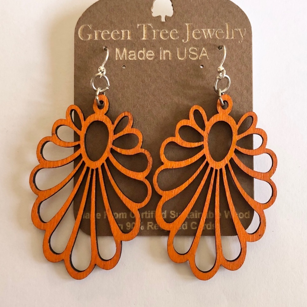 Green Tree Large Floral Tangerine Earrings Wooden Lightweight